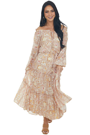 Nude Floral Print Gold Speck Tiered Maxi Dress