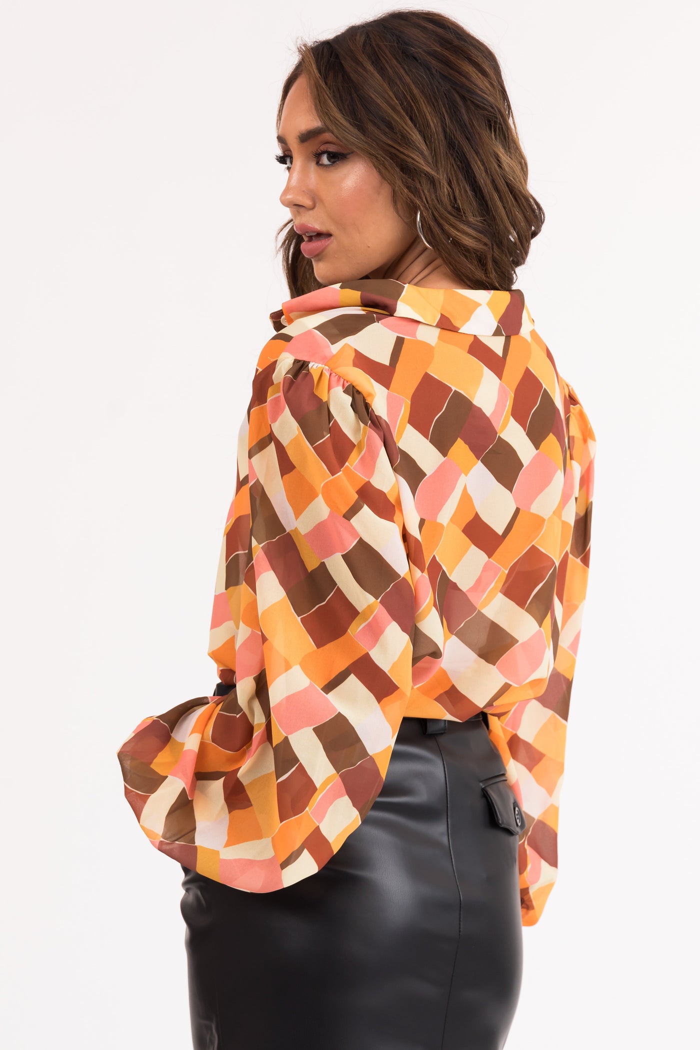 Amber Abstract Print Long Sleeve Button Up Top