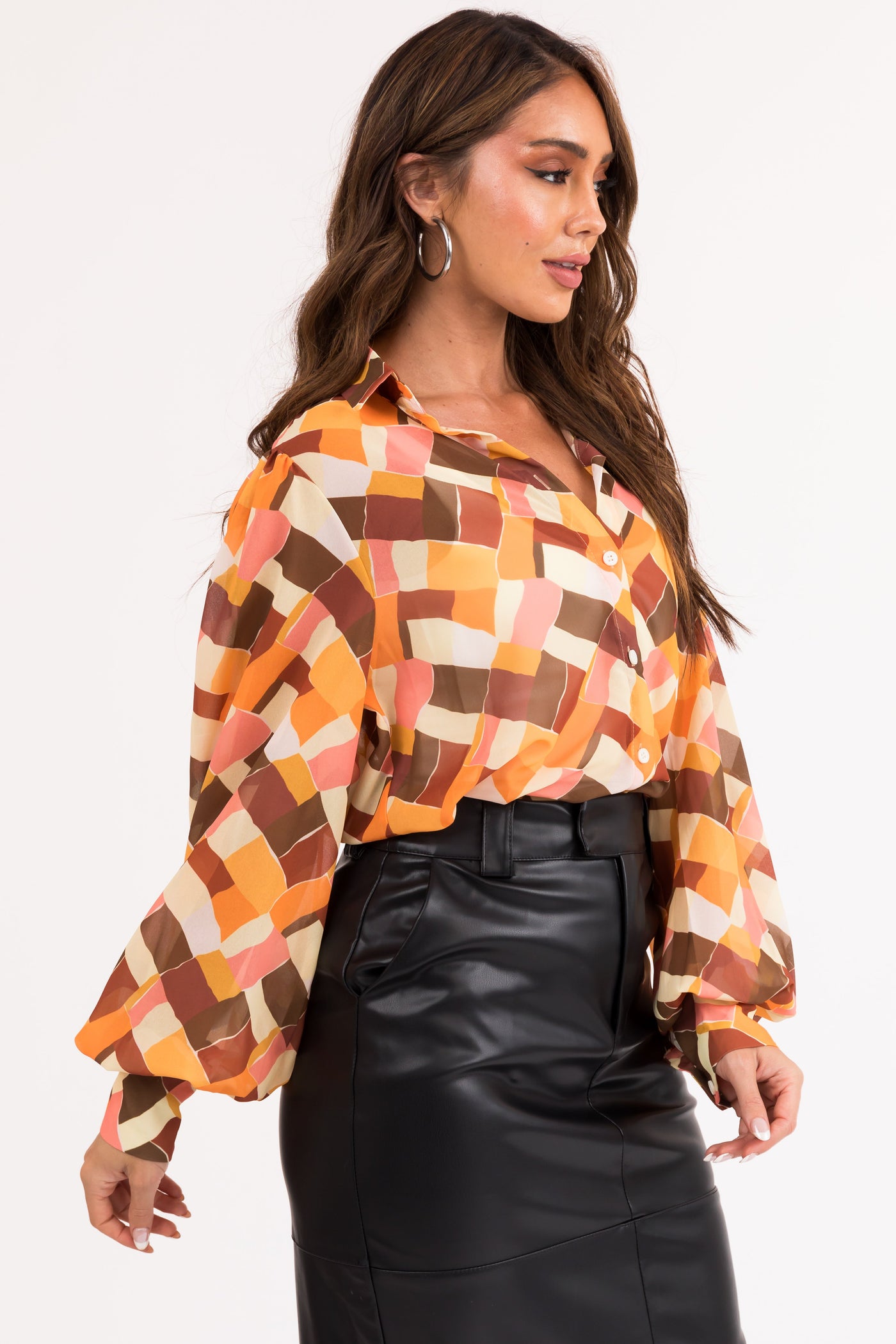 Amber Abstract Print Long Sleeve Button Up Top