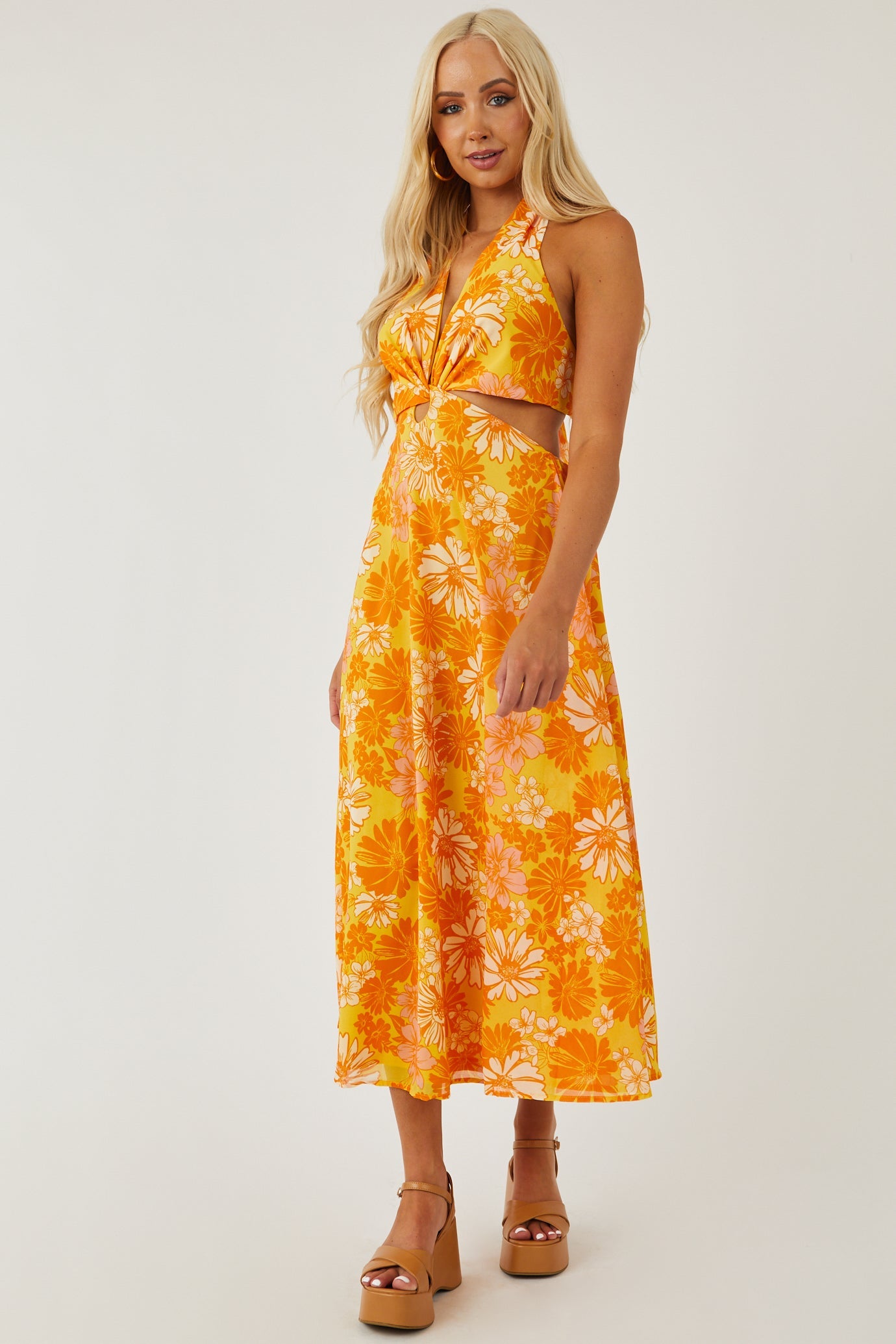 Amber Floral Print Front Twist Midi Dress