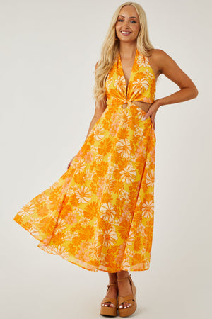 Amber Floral Print Front Twist Midi Dress