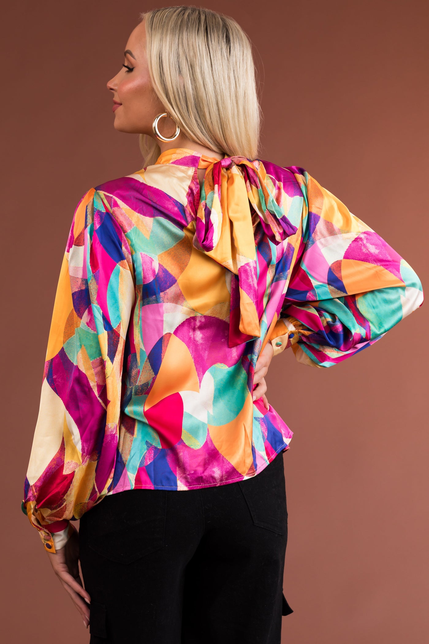 Amber Multicolored Abstract Print Mock Neck Blouse
