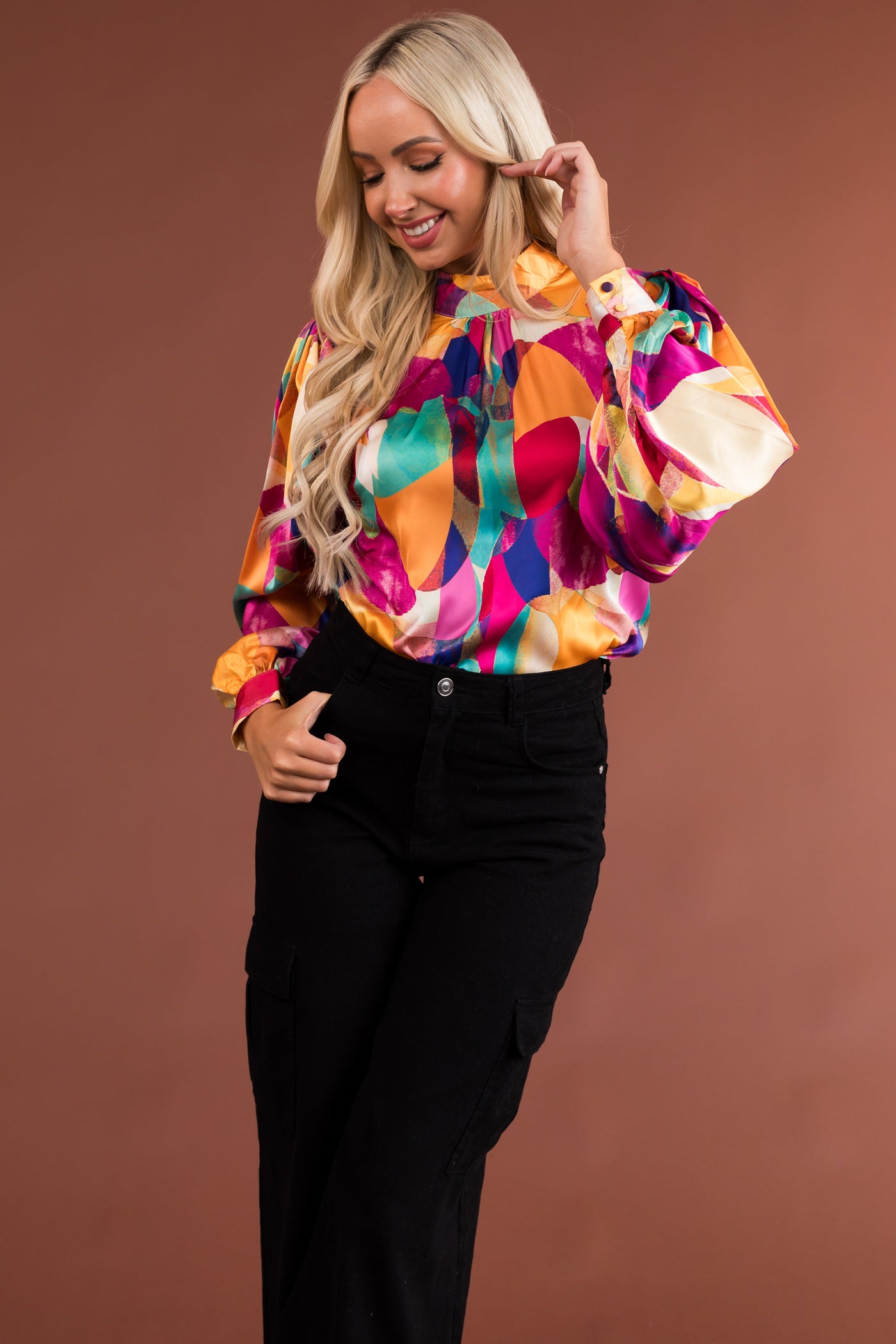 Amber Multicolored Abstract Print Mock Neck Blouse