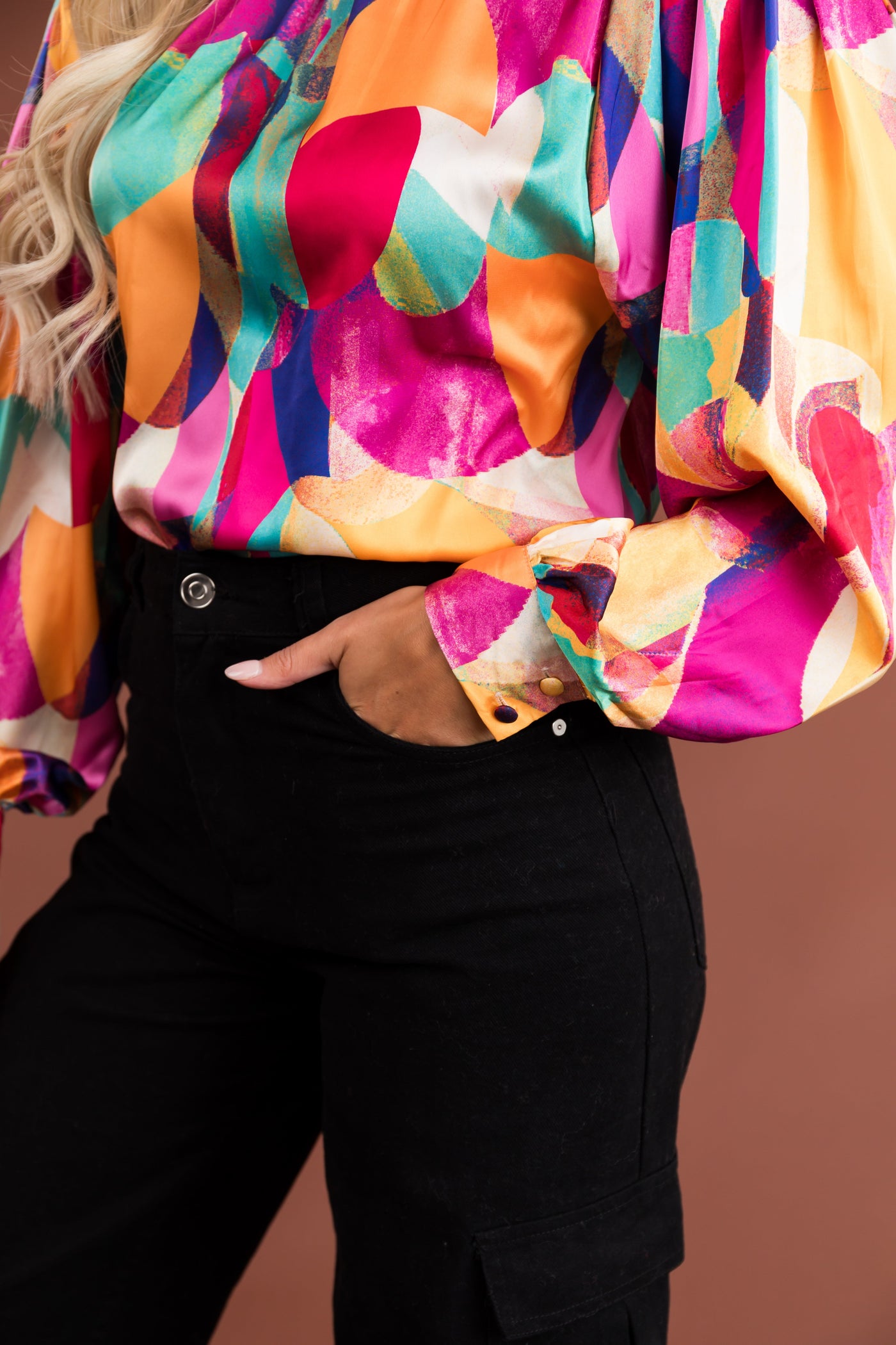 Amber Multicolored Abstract Print Mock Neck Blouse