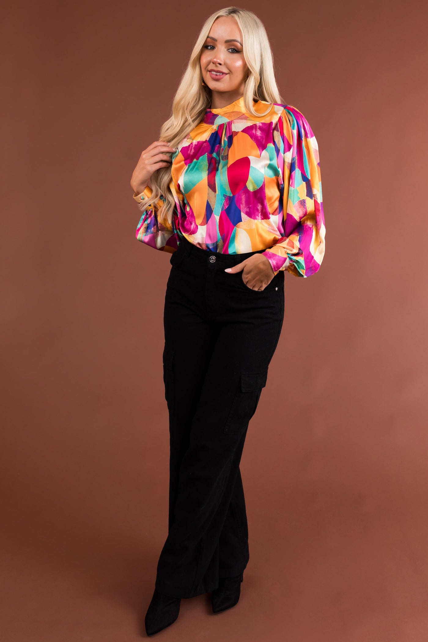 Amber Multicolored Abstract Print Mock Neck Blouse