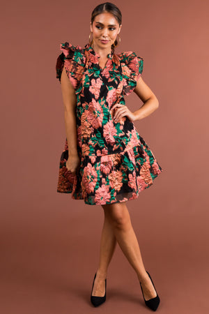Apricot Floral Print Flutter Sleeve Short Dress