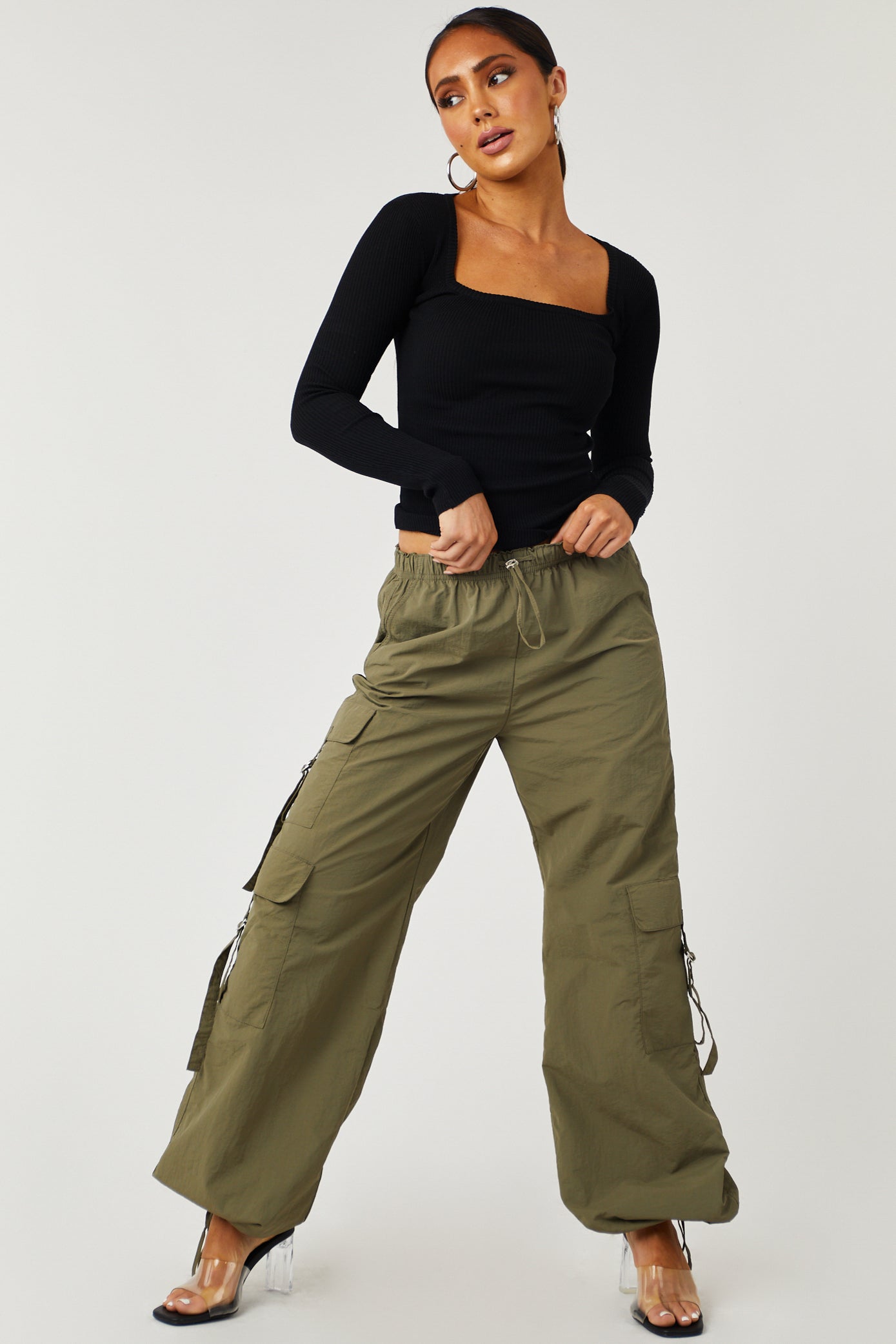 Army Cargo Pocket Drawstring Parachute Pants