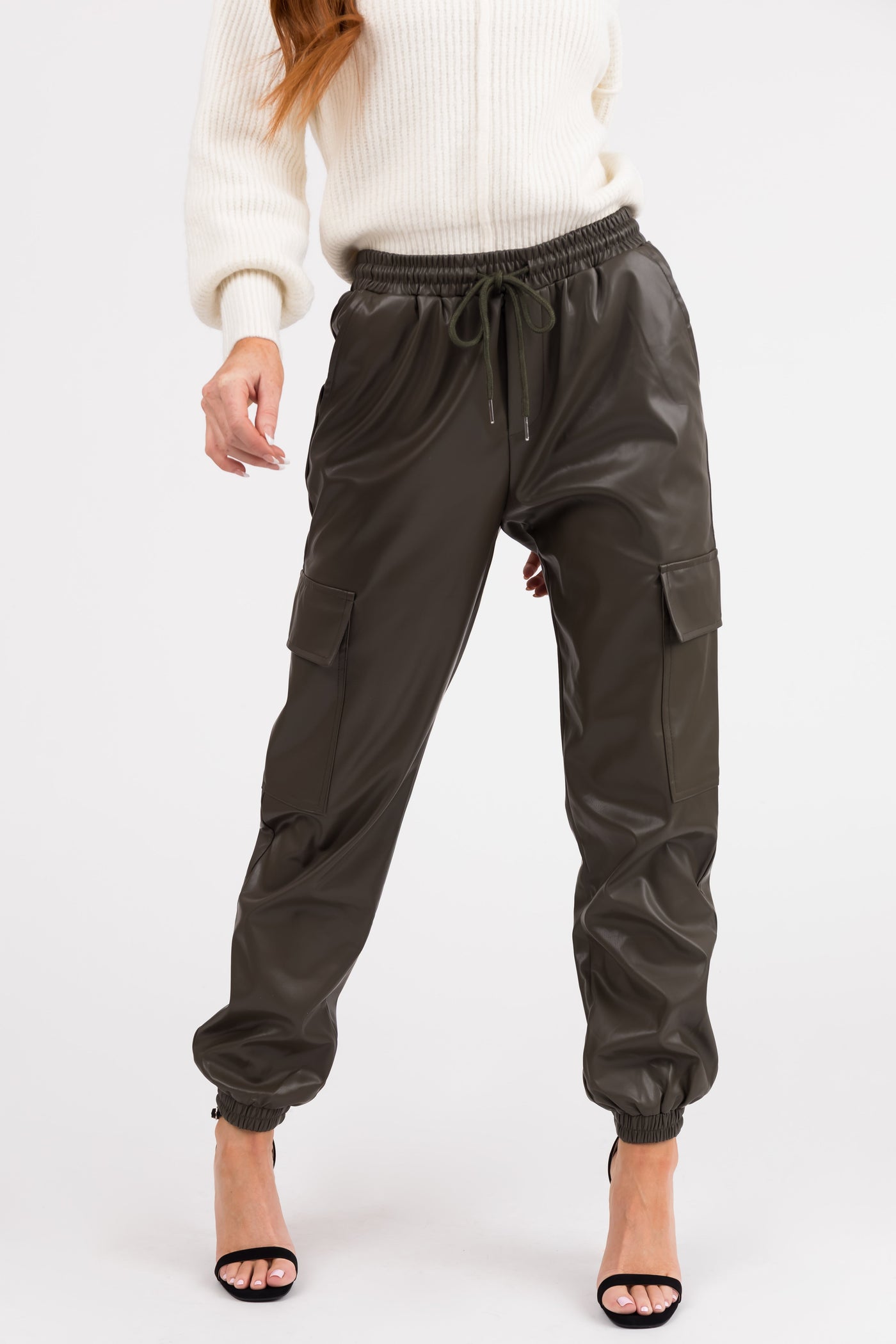 Army Green Faux Leather Smocked Cargo Pants