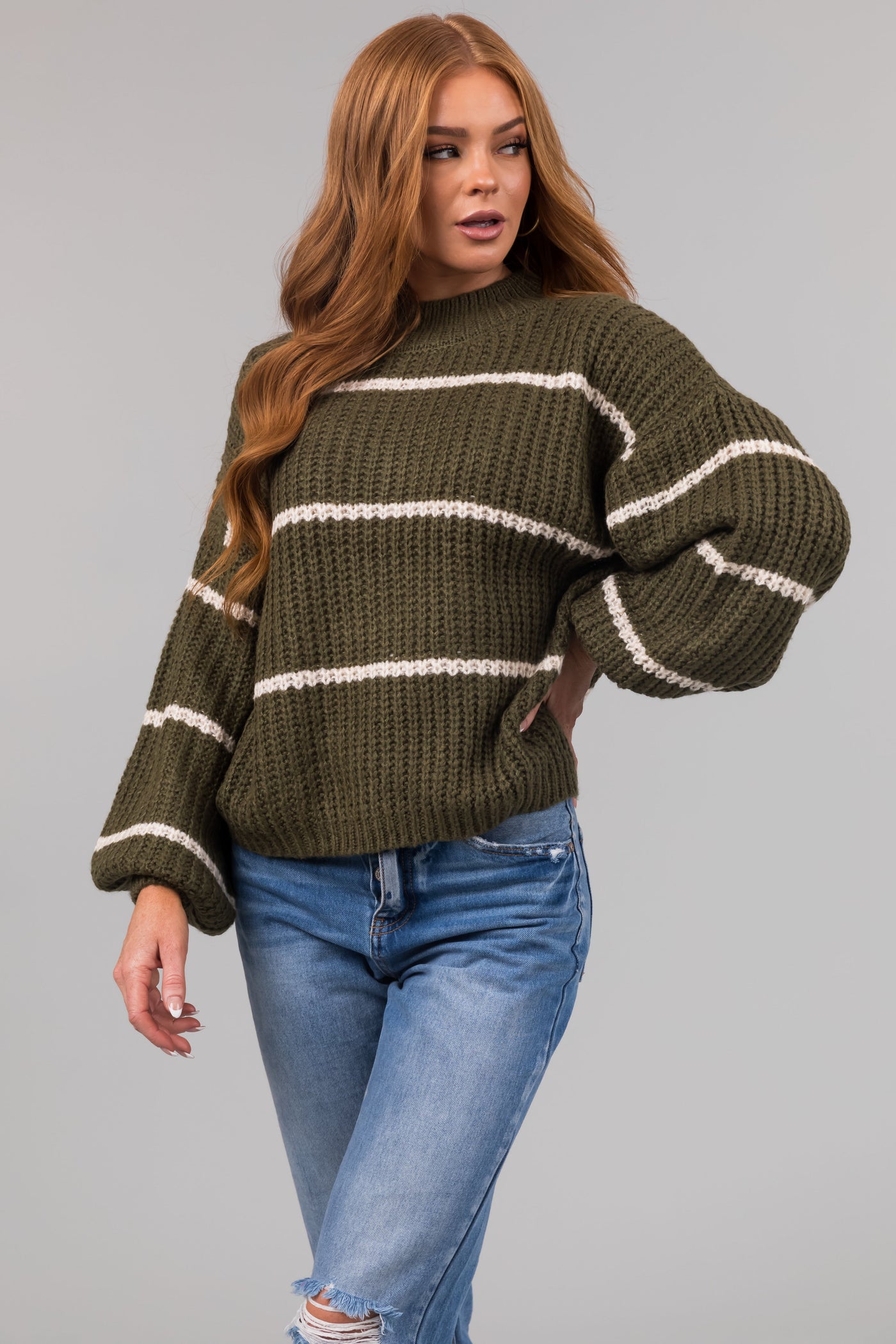 Army Green Oversized Striped Sweater