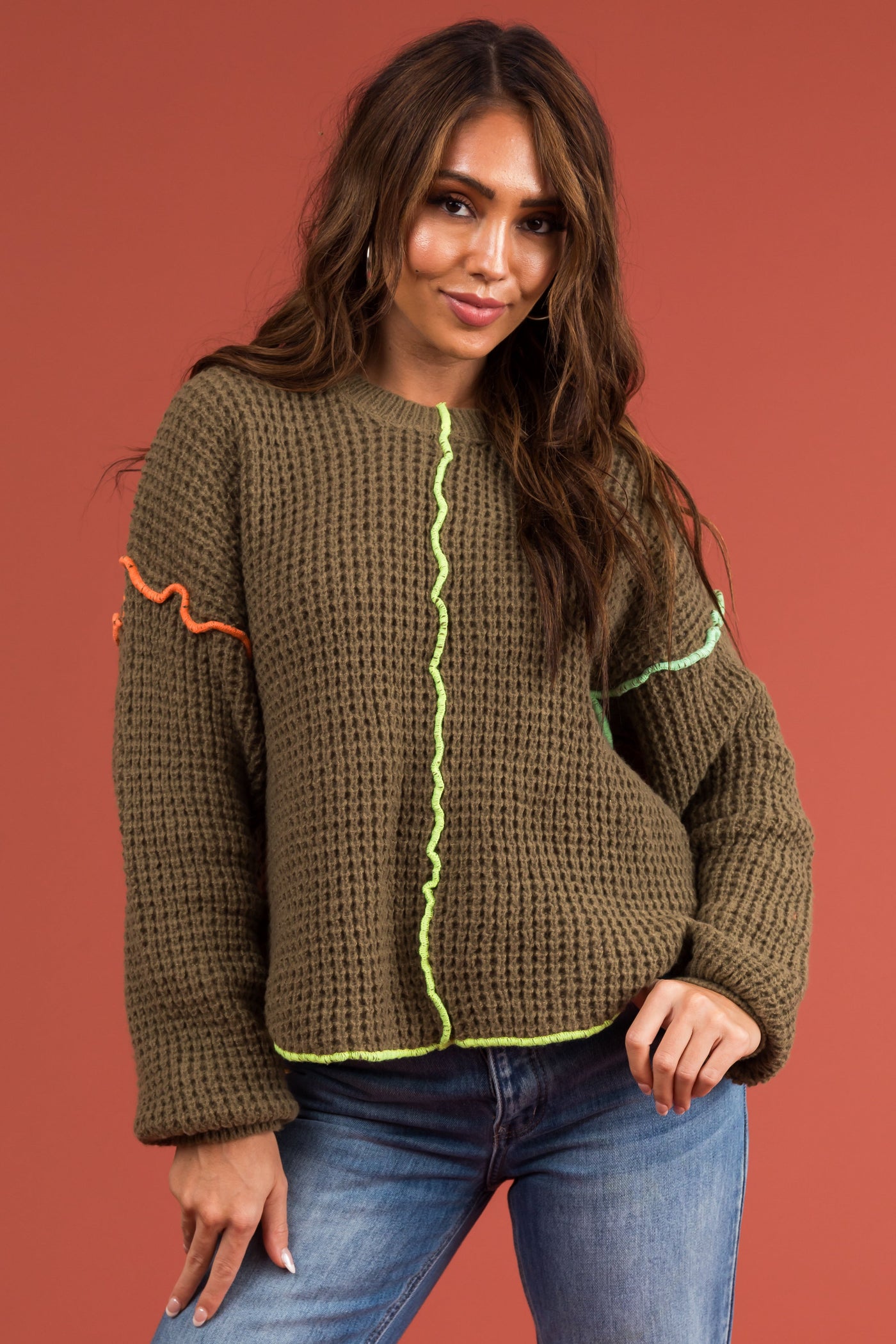 Army Green Waffle Knit Sweater with Neon Accents