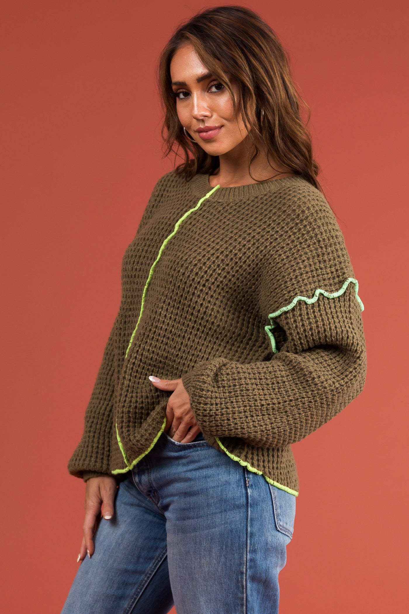 Army Green Waffle Knit Sweater with Neon Accents