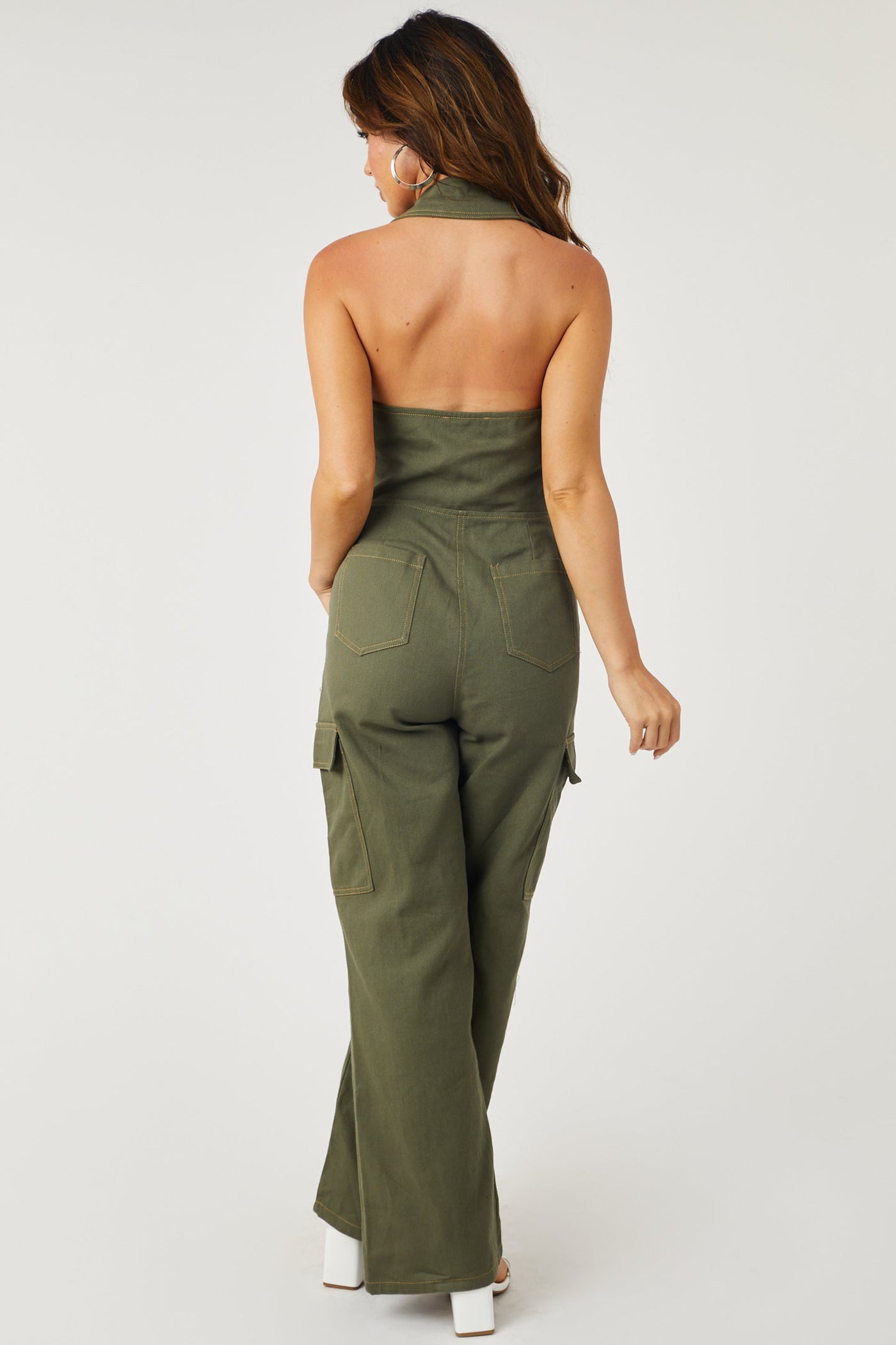 Army Halter Button Up Denim Cargo Jumpsuit
