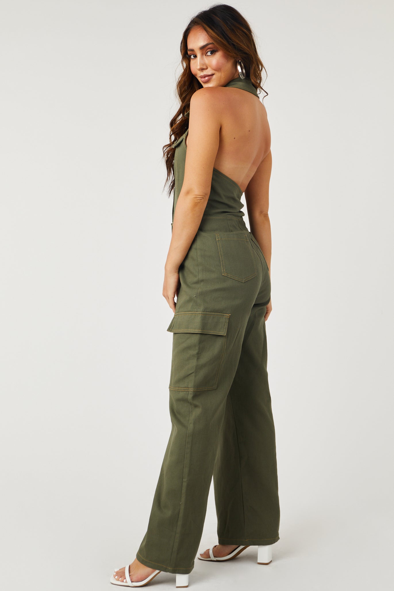 Army Halter Button Up Denim Cargo Jumpsuit