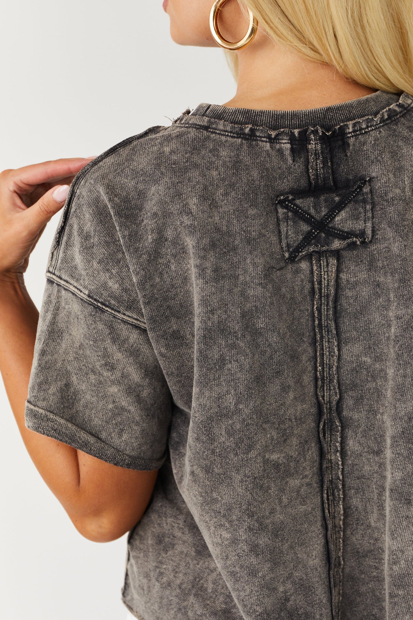 Ash Grey Acid Wash Short Sleeve Raw Edge Crop Top