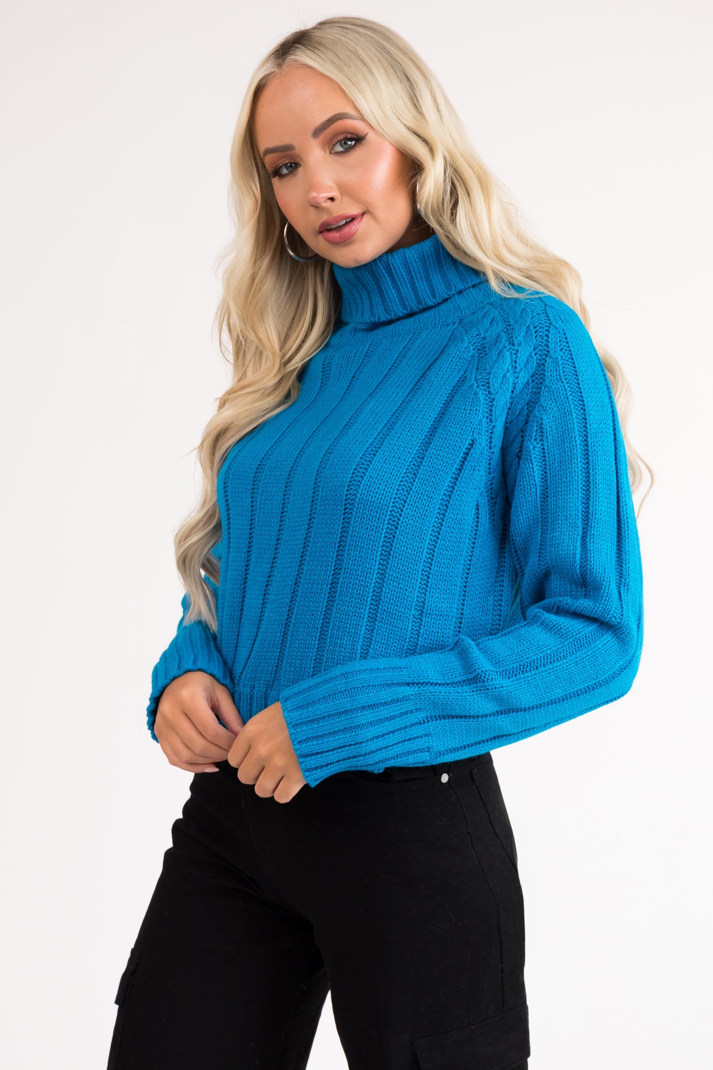 Azure Cropped Ribbed Cable Knit Sweater
