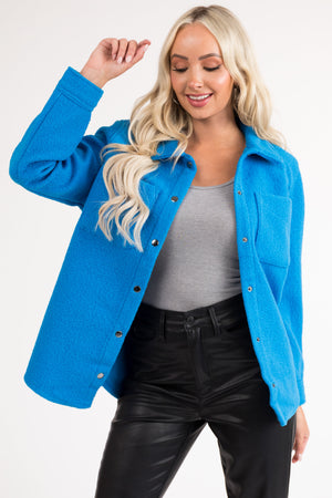 Azure Fuzzy Button Down Long Sleeve Shacket
