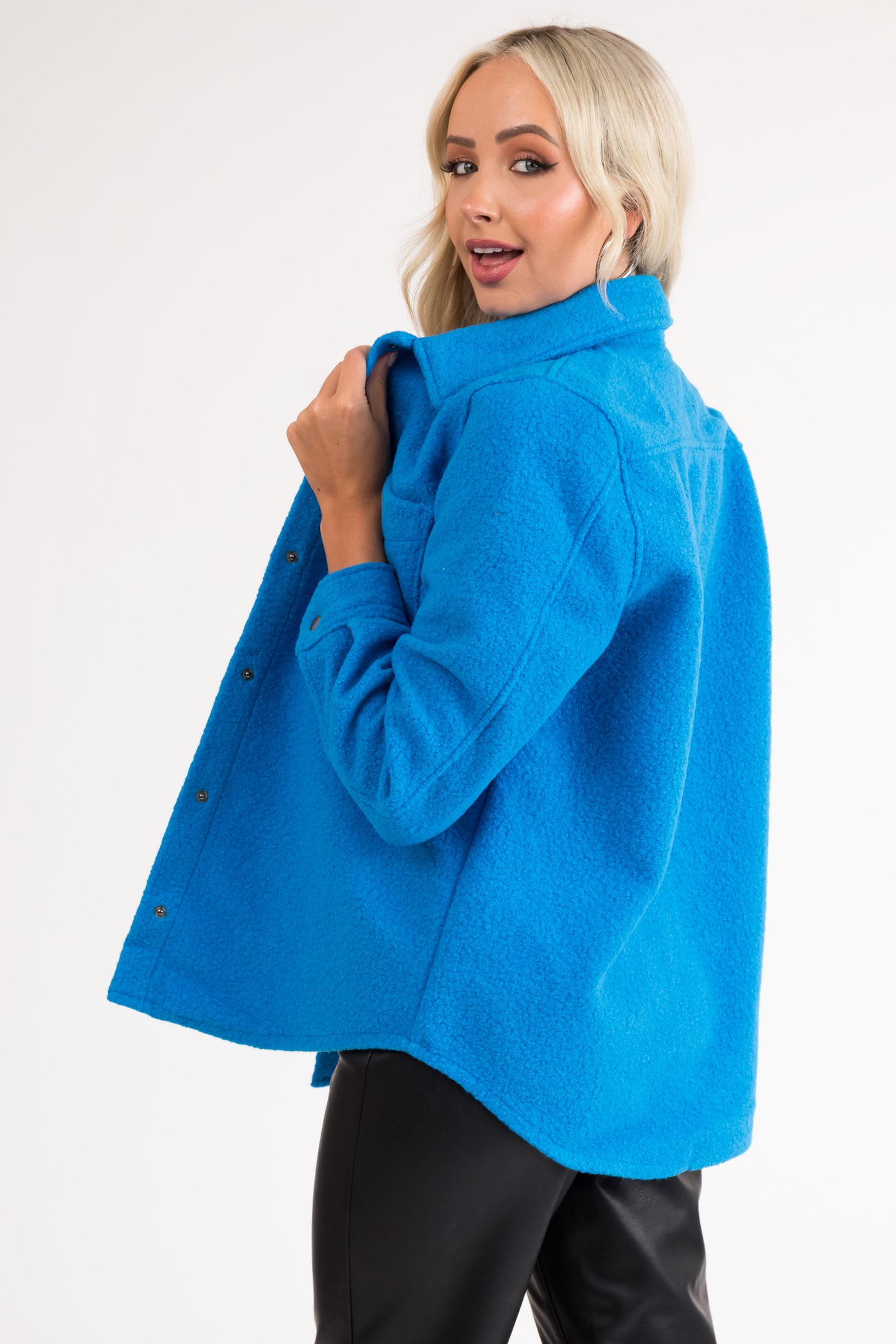 Azure Fuzzy Button Down Long Sleeve Shacket
