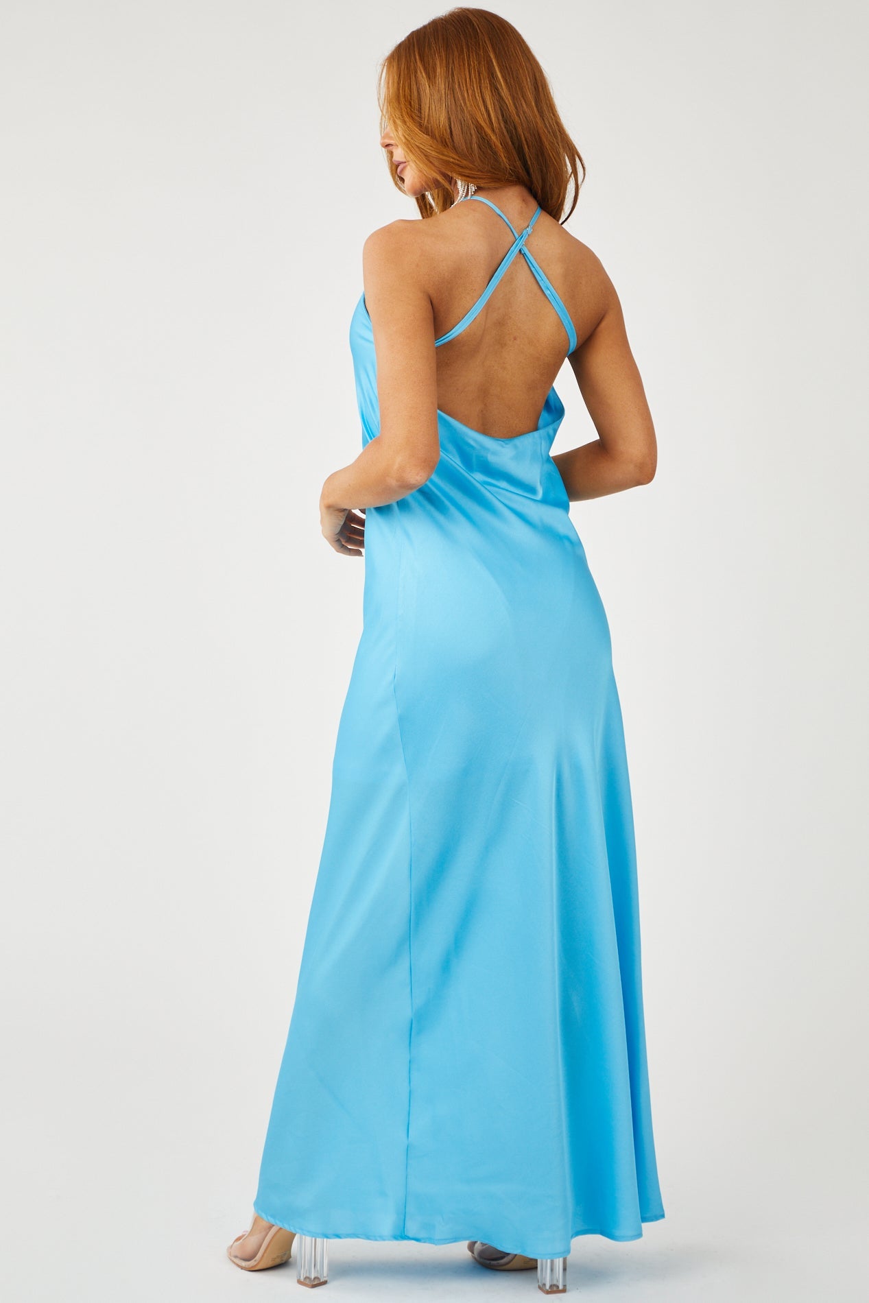 Azure Satin Halter Neckline Woven Maxi Dress