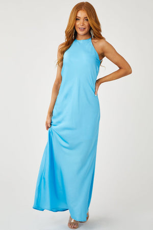 Azure Satin Halter Neckline Woven Maxi Dress