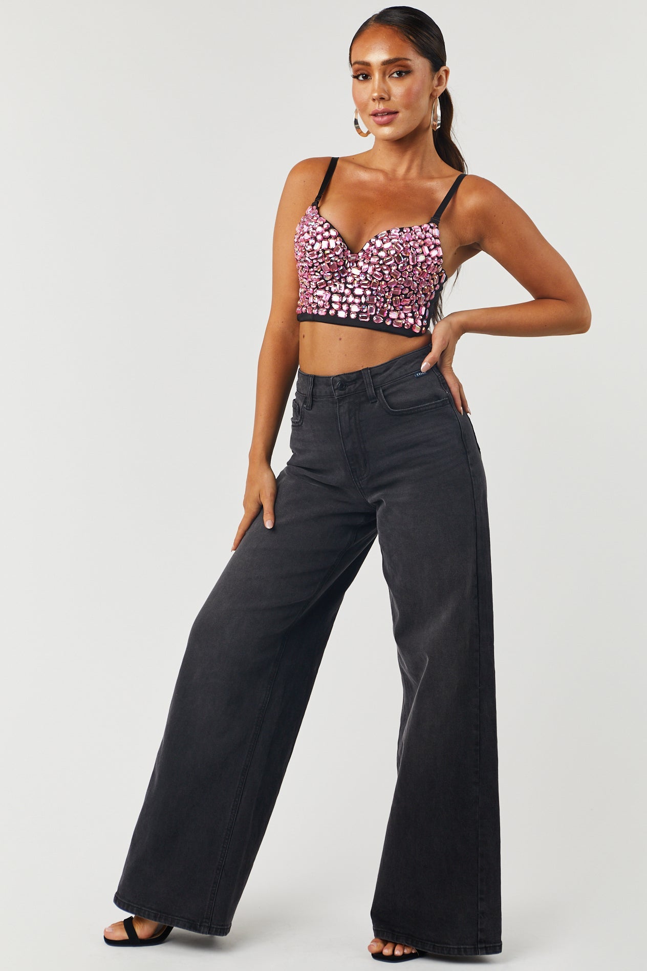 Baby Pink Iridescent Rhinestone Cropped Bustier Top