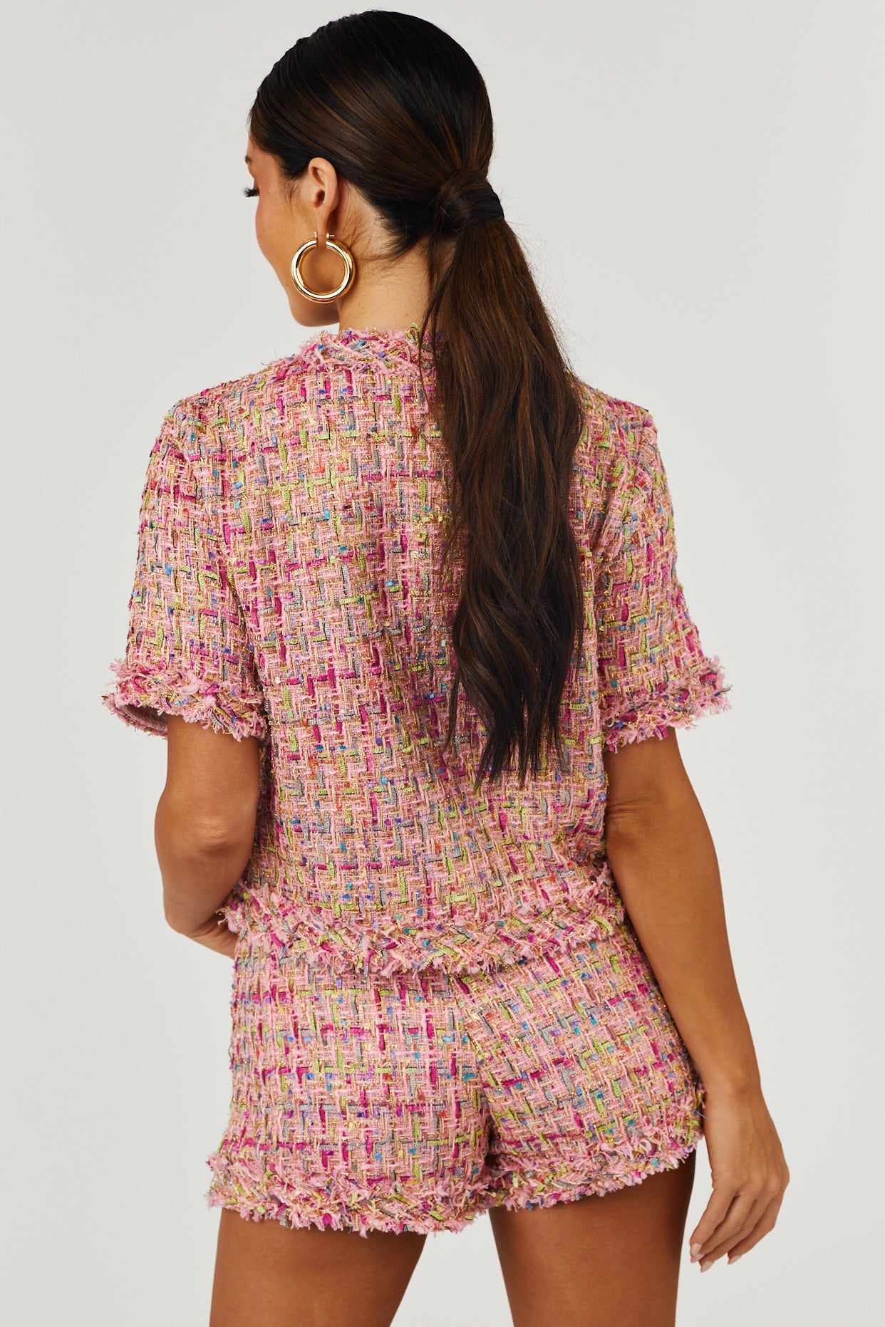 Baby Pink Pearl Button Up Cropped Tweed Jacket