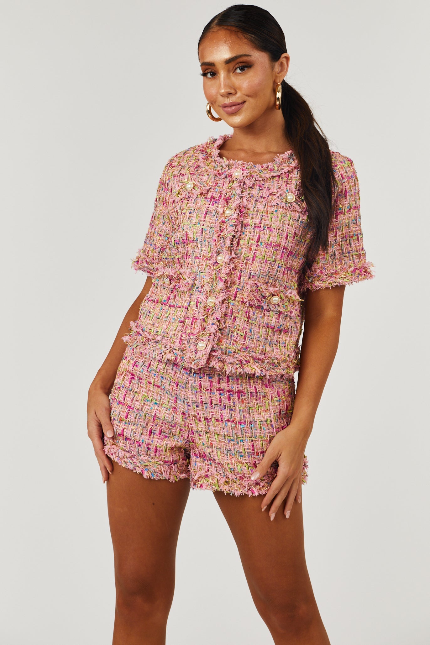 Baby Pink Pearl Button Up Cropped Tweed Jacket