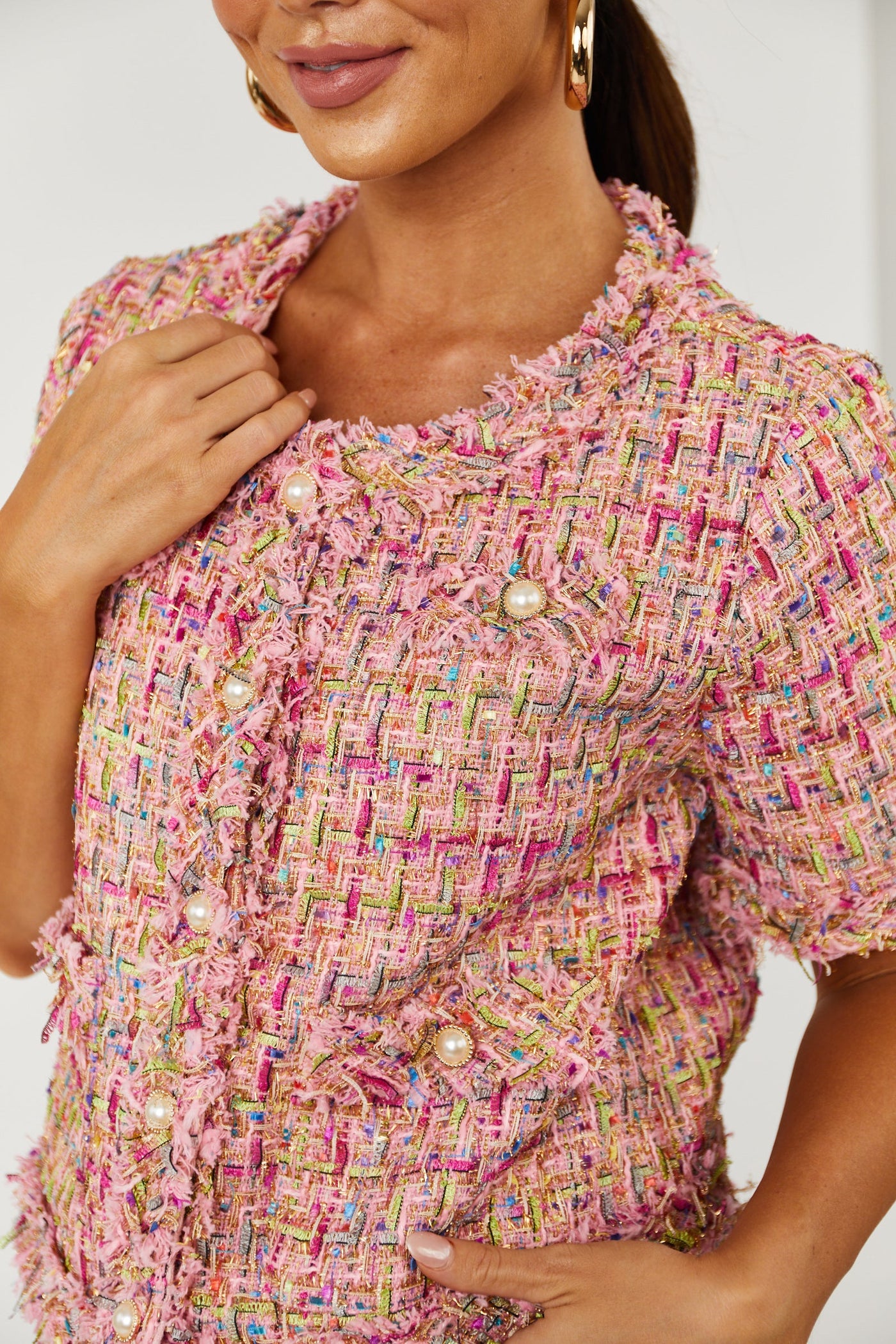 Baby Pink Pearl Button Up Cropped Tweed Jacket