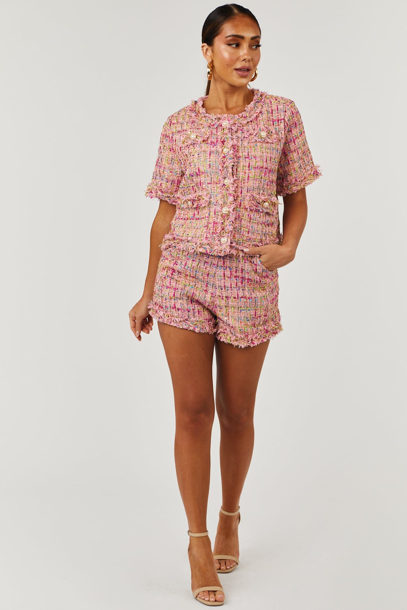 Baby Pink Pearl Button Up Cropped Tweed Jacket