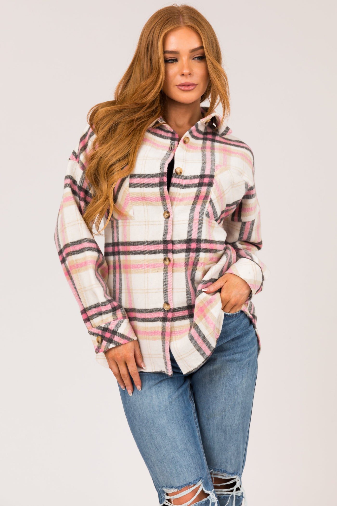 Baby Pink Plaid Button Up Collared Shacket