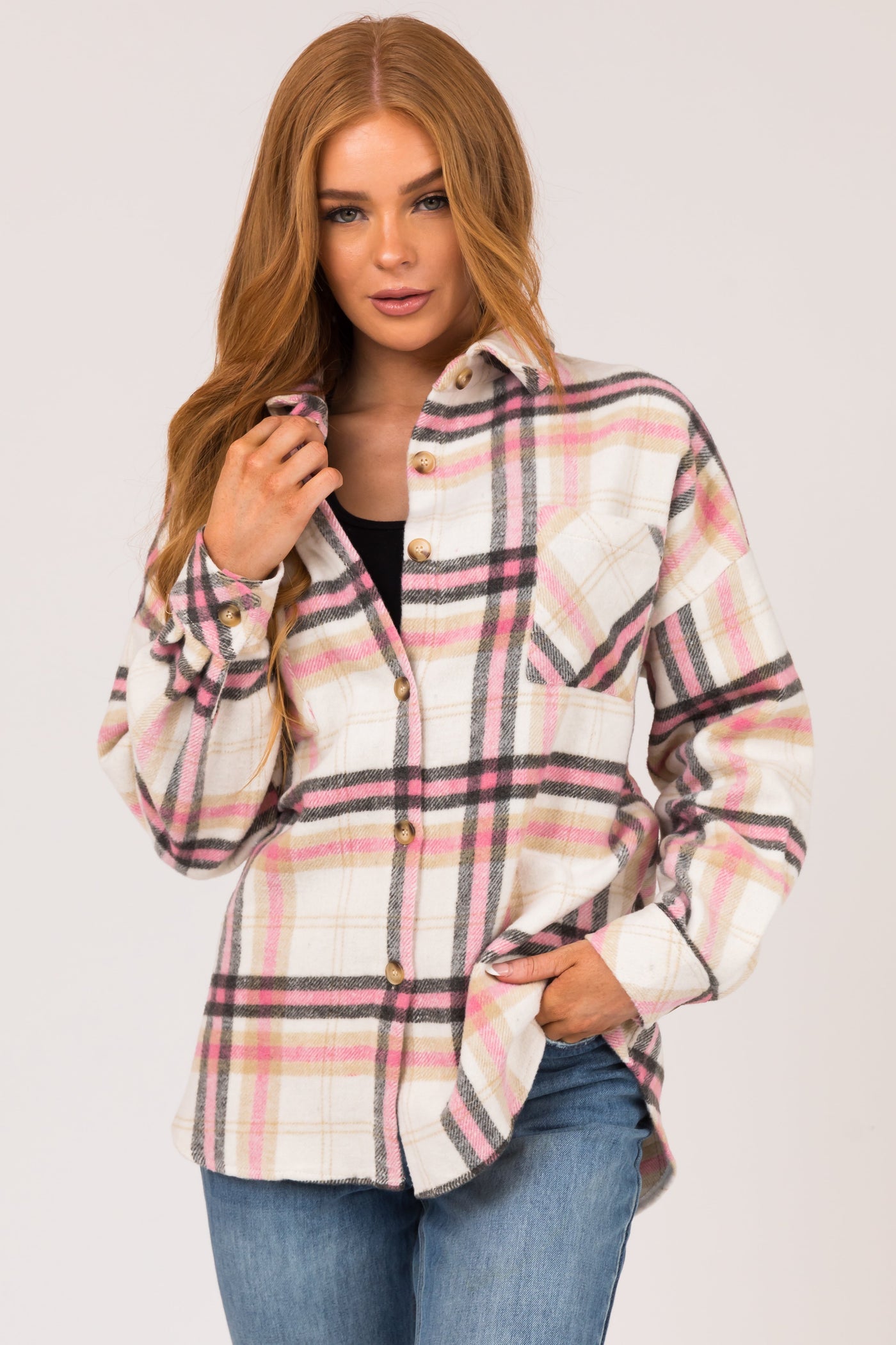 Baby Pink Plaid Button Up Collared Shacket