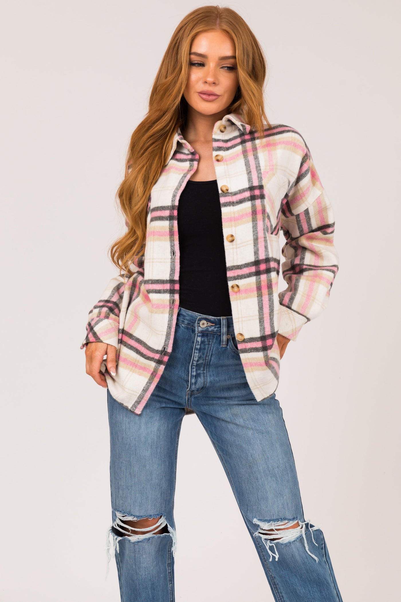 Baby Pink Plaid Button Up Collared Shacket