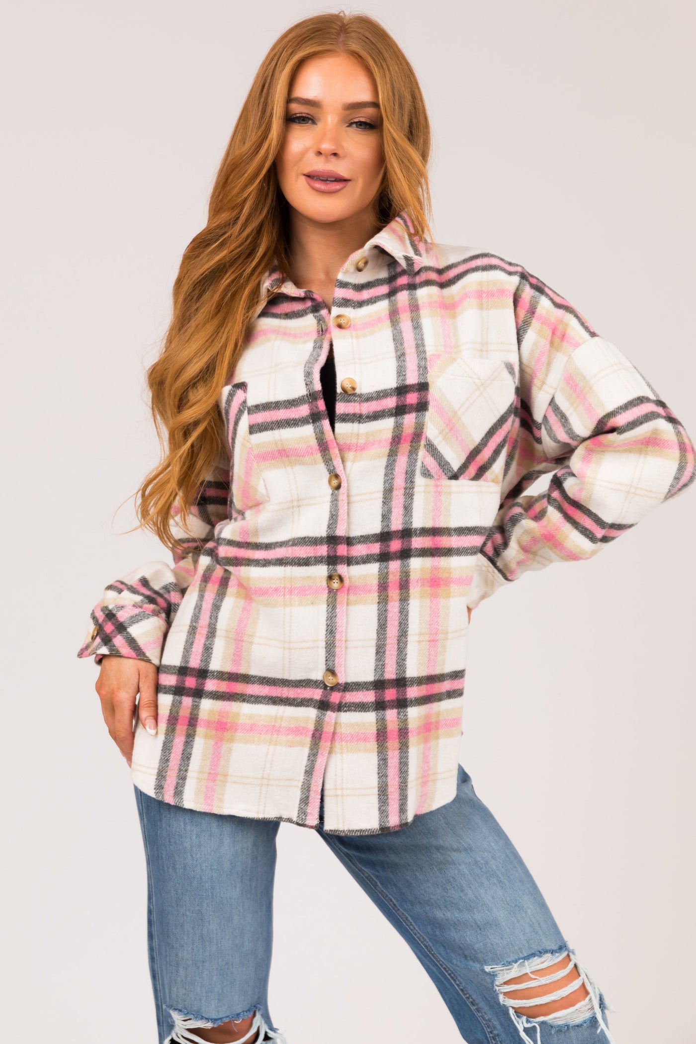 Baby Pink Plaid Button Up Collared Shacket