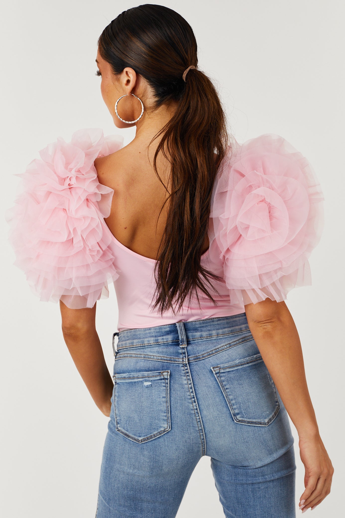 Baby Pink Short Mesh Ruffle Sleeve Bodysuit