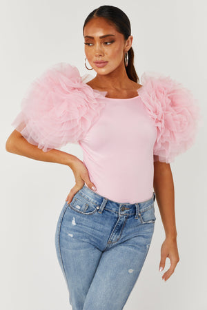 Baby Pink Short Mesh Ruffle Sleeve Bodysuit