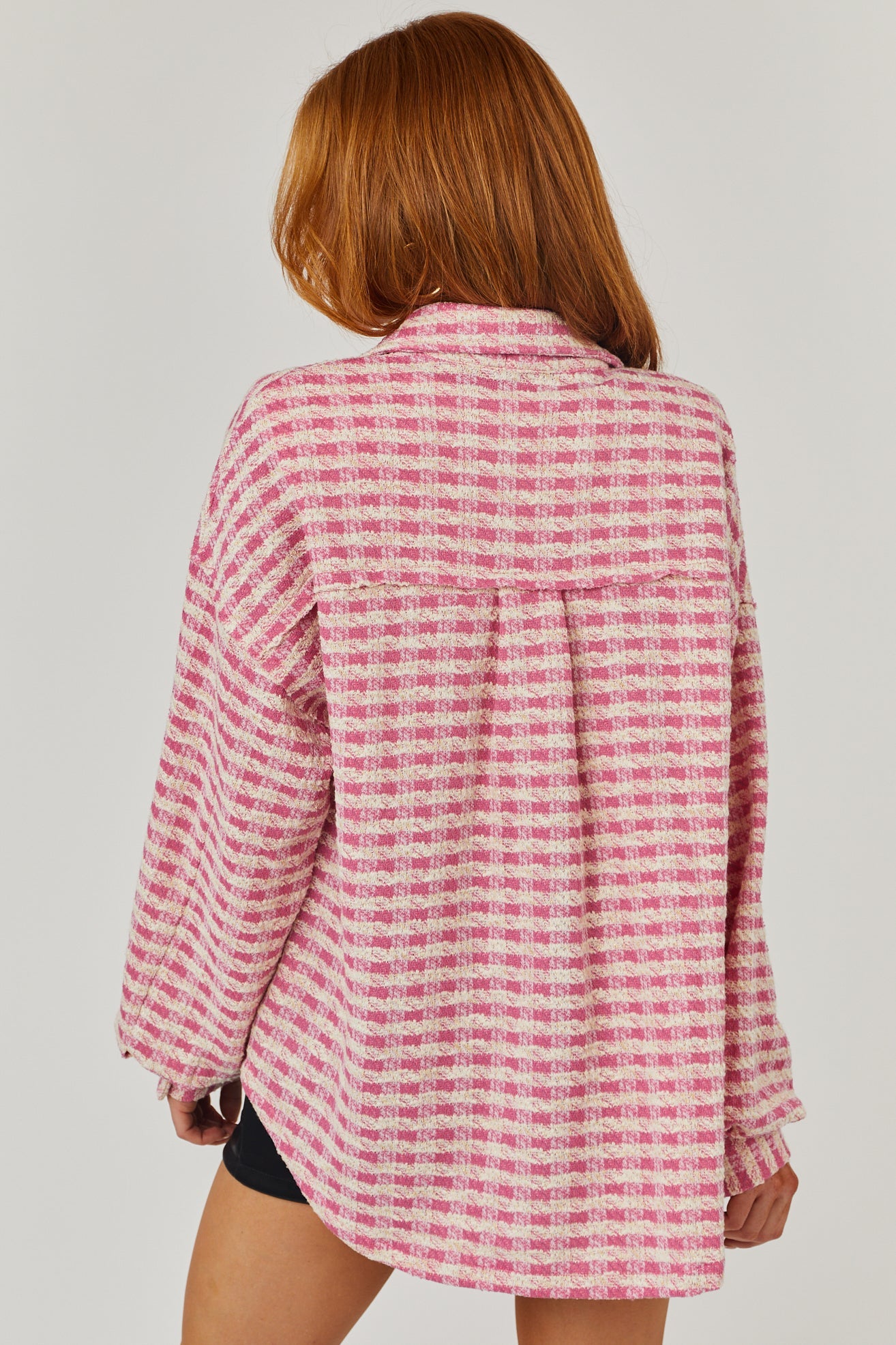 Baby Pink and Cream Gingham Pearl Button Up Shacket