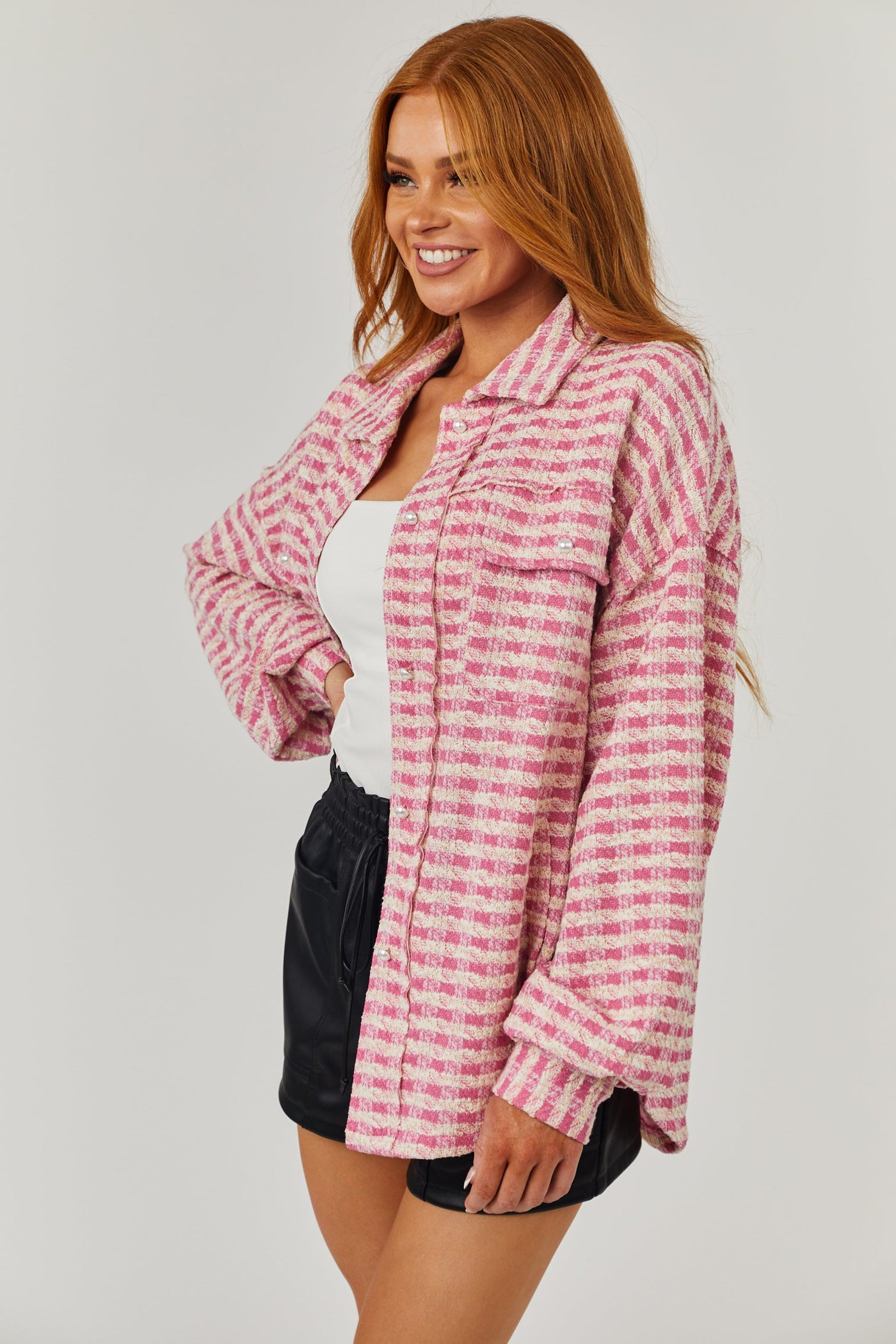 Baby Pink and Cream Gingham Pearl Button Up Shacket