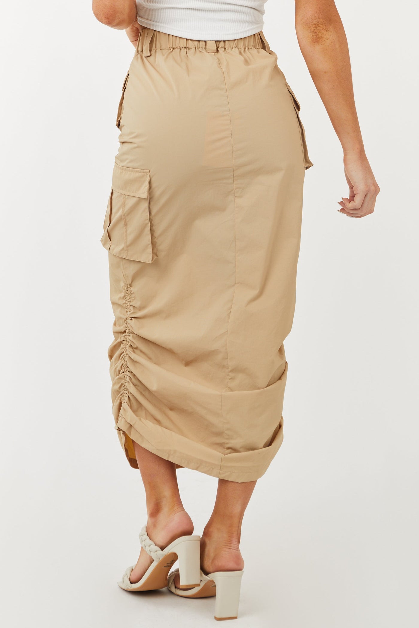 Beige Adjustable Ruched Sides Cargo Midi Skirt