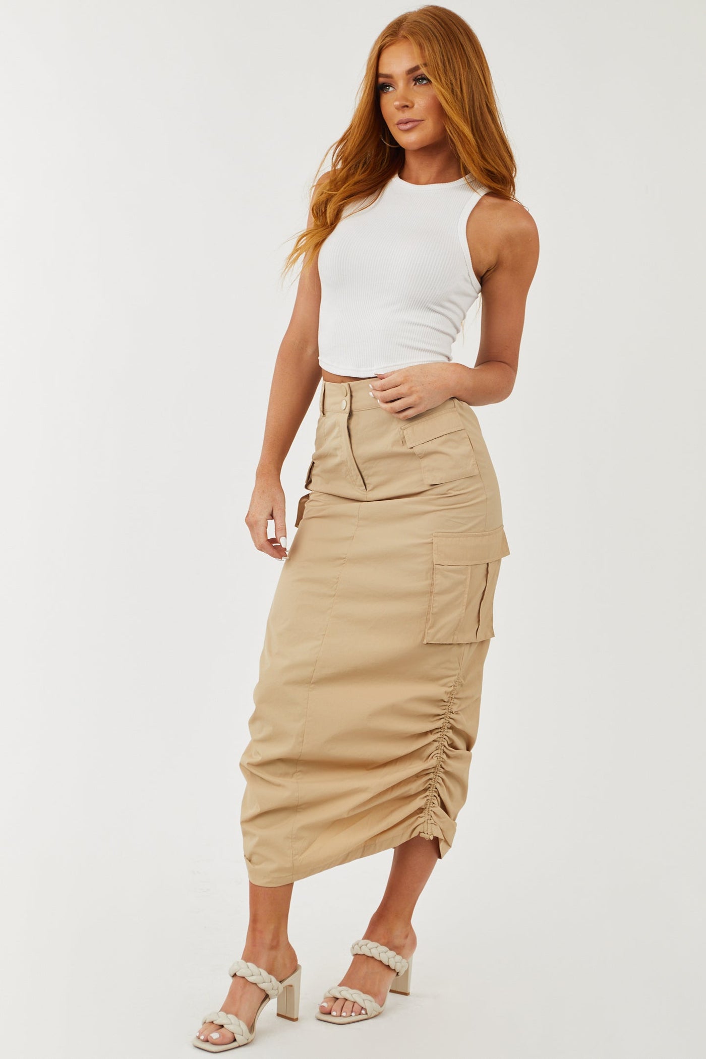 Beige Adjustable Ruched Sides Cargo Midi Skirt