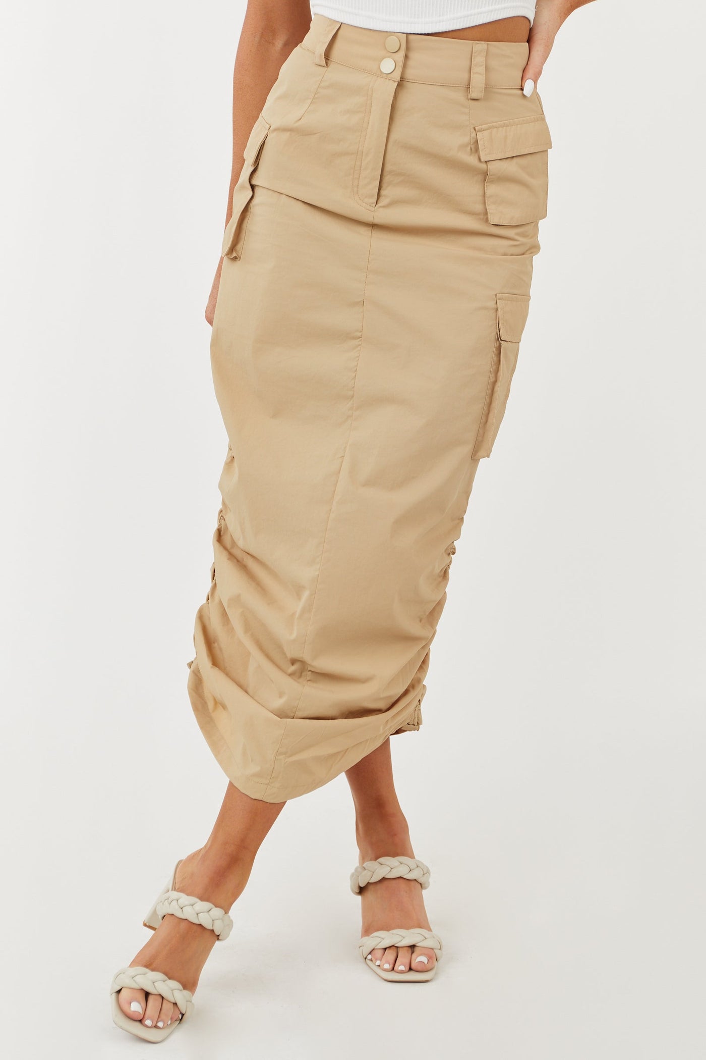 Beige Adjustable Ruched Sides Cargo Midi Skirt