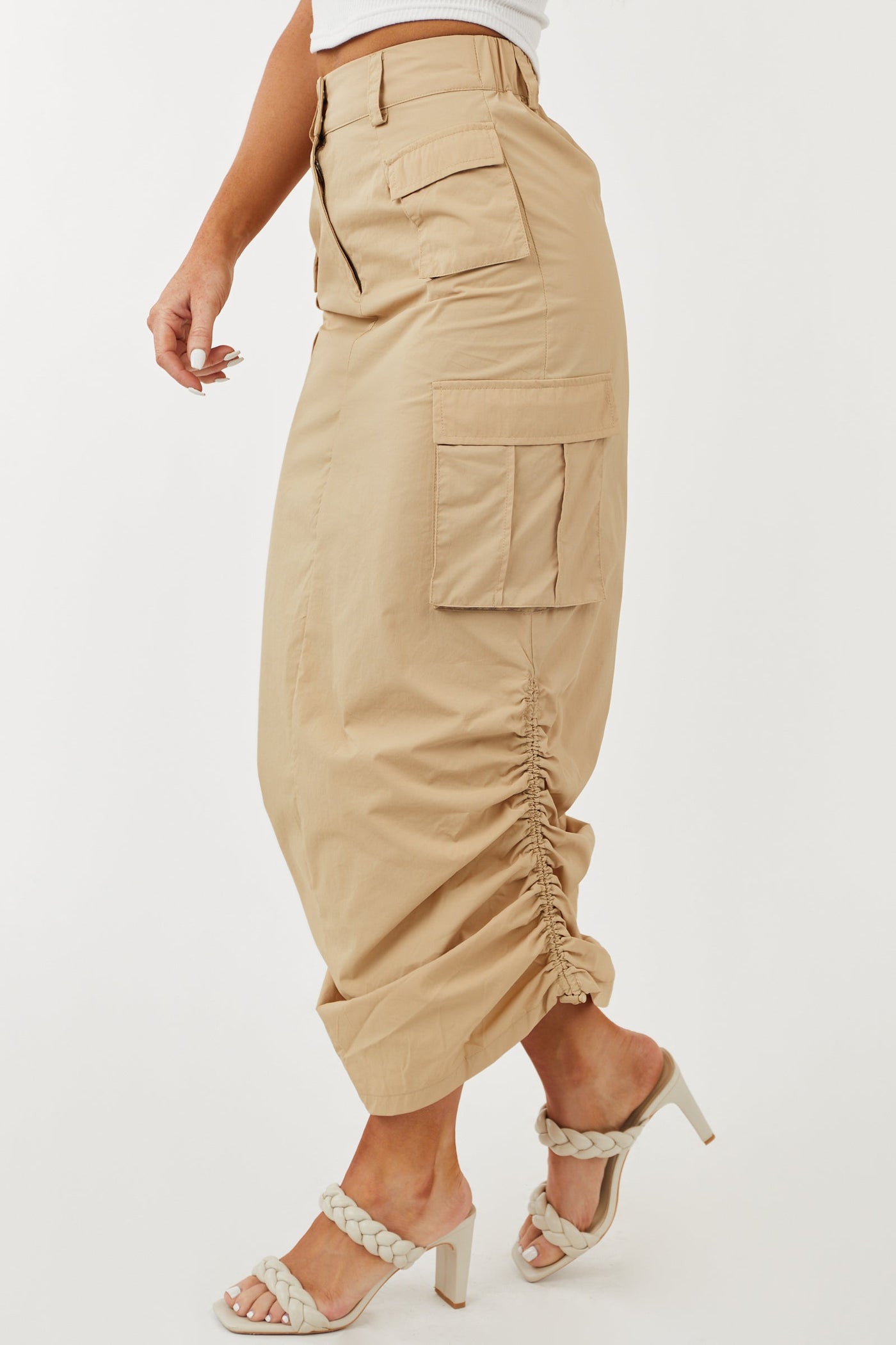 Beige Adjustable Ruched Sides Cargo Midi Skirt