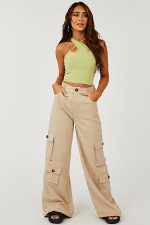 Beige High Rise Drawstring Wide Leg Cargo Pants