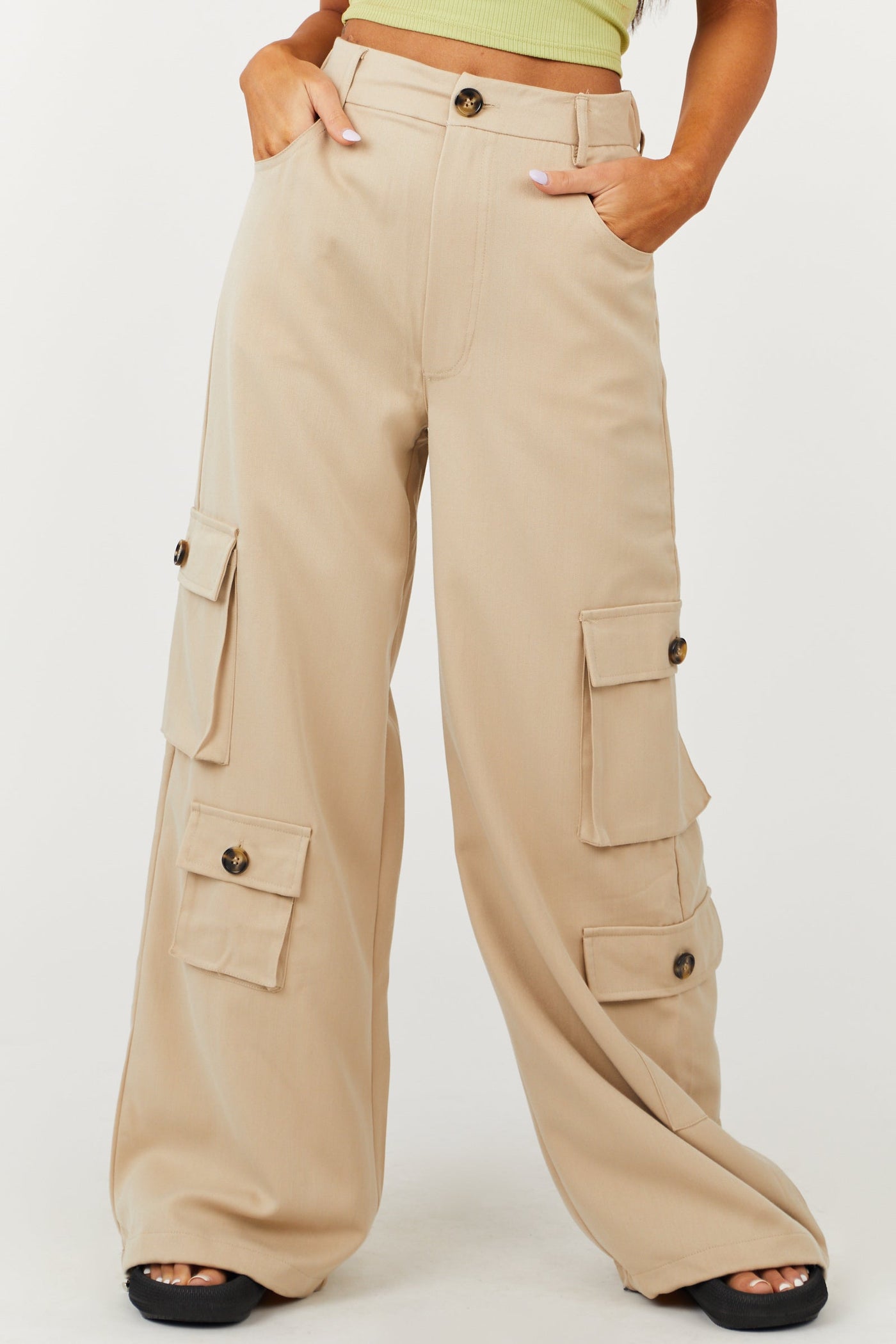 Beige High Rise Drawstring Wide Leg Cargo Pants