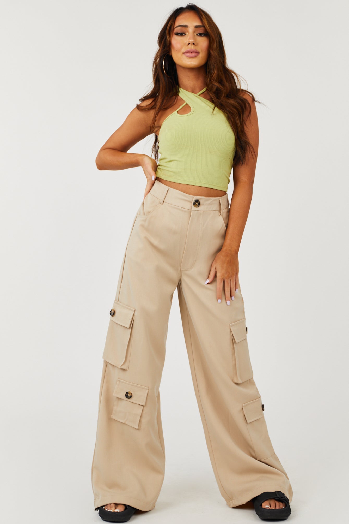 Beige High Rise Drawstring Wide Leg Cargo Pants