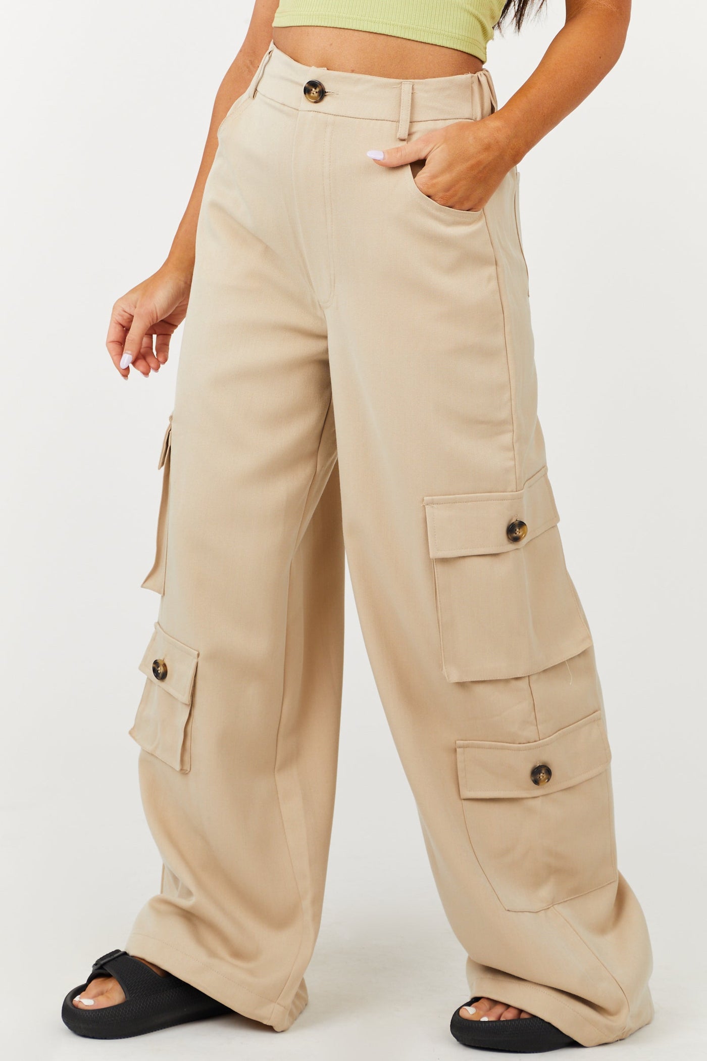 Beige High Rise Drawstring Wide Leg Cargo Pants