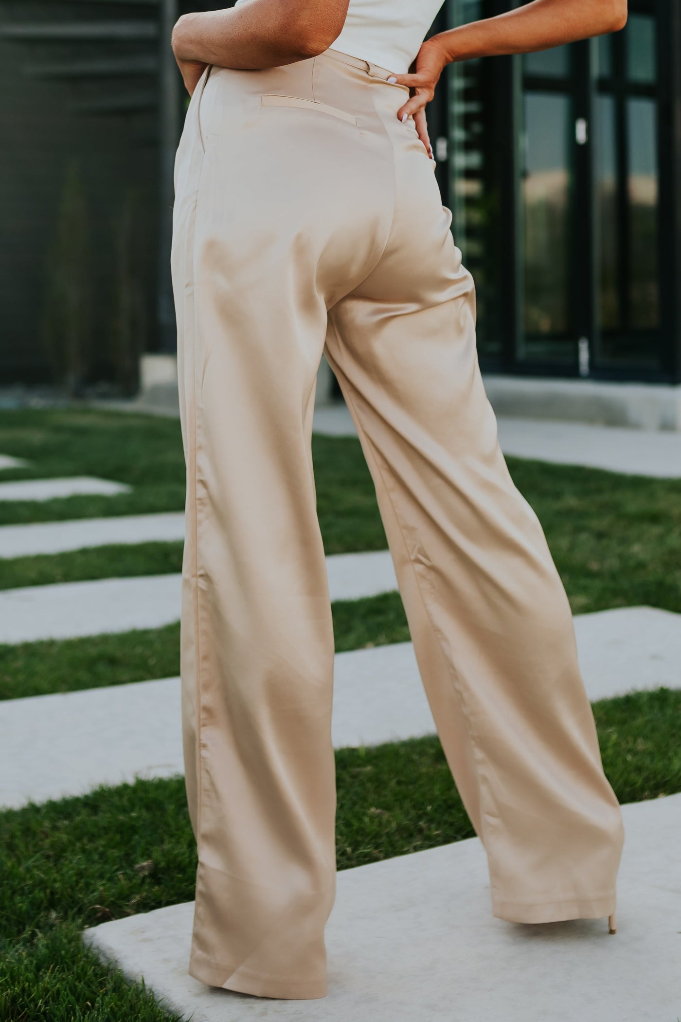 Beige High Waisted Wide Leg Satin Pants