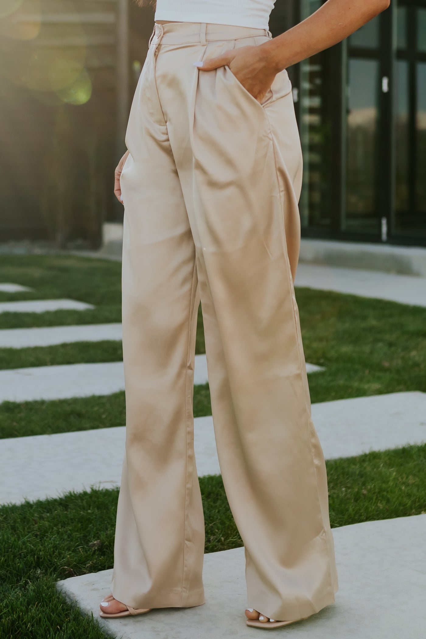 Beige High Waisted Wide Leg Satin Pants