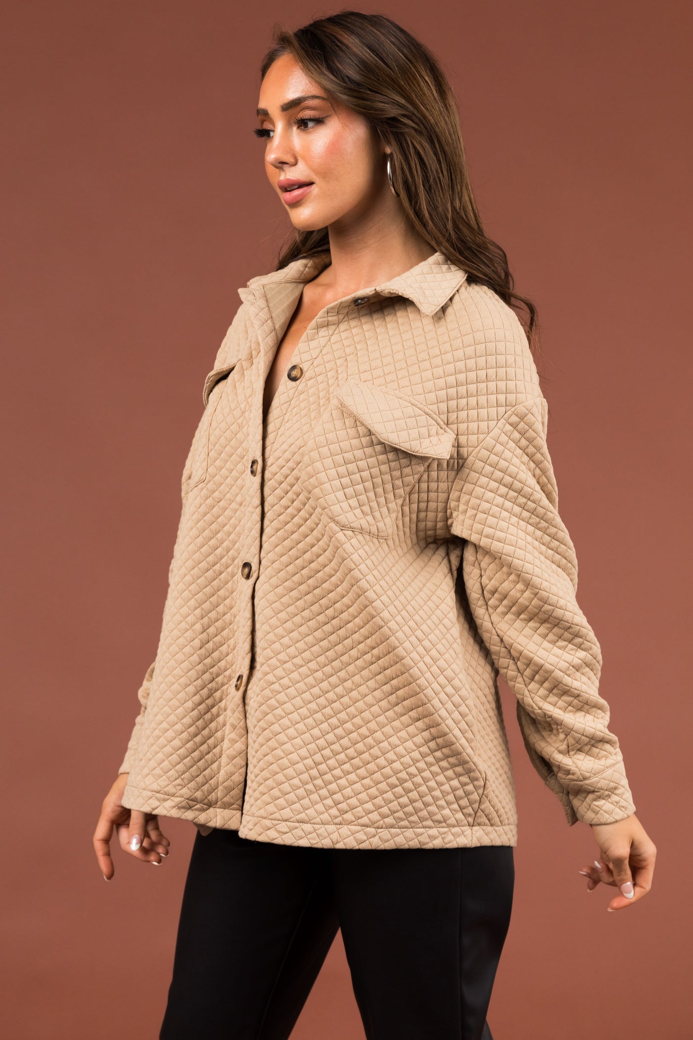 Beige Lattice Quilted Chest Pocket Shacket