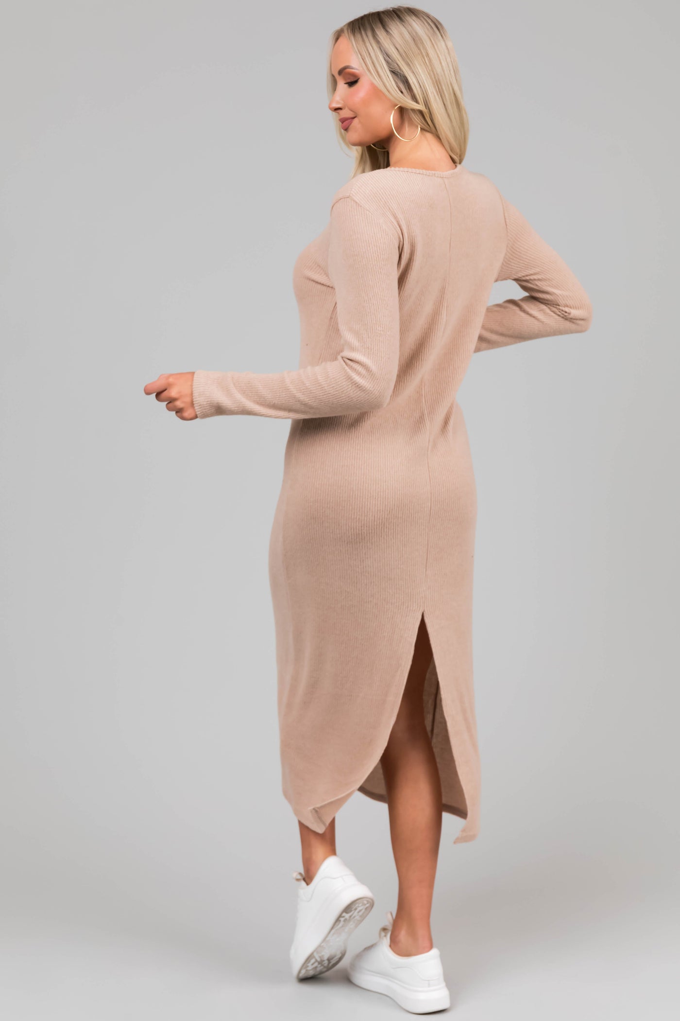 Beige Lightweight Knit Long Sleeve Maxi Dress