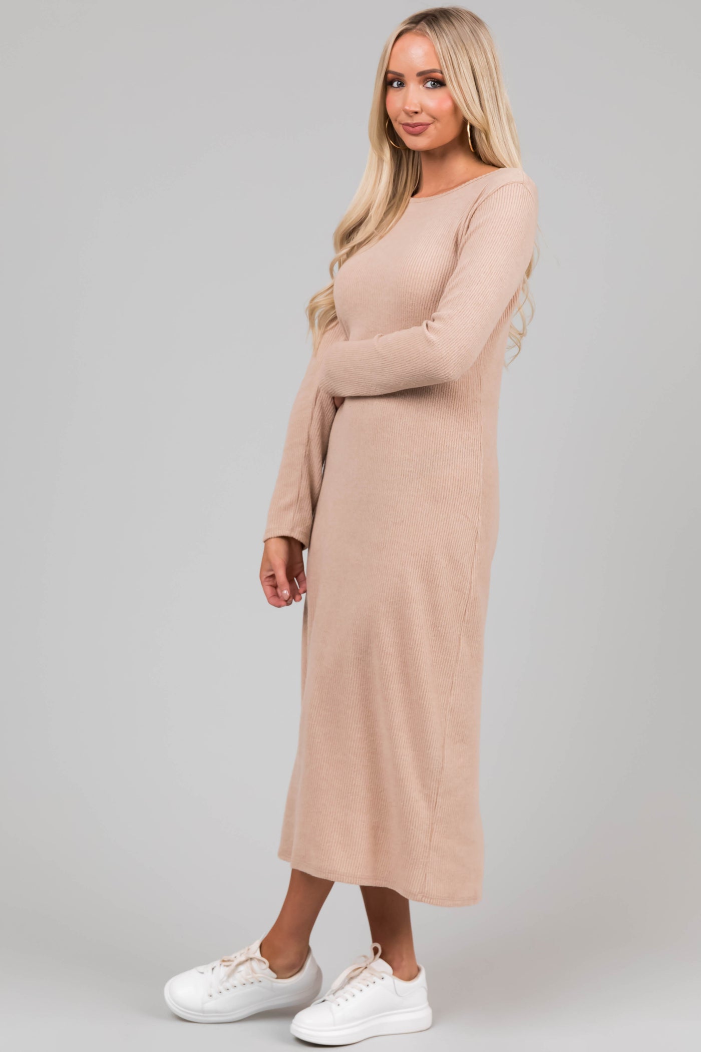 Beige Lightweight Knit Long Sleeve Maxi Dress