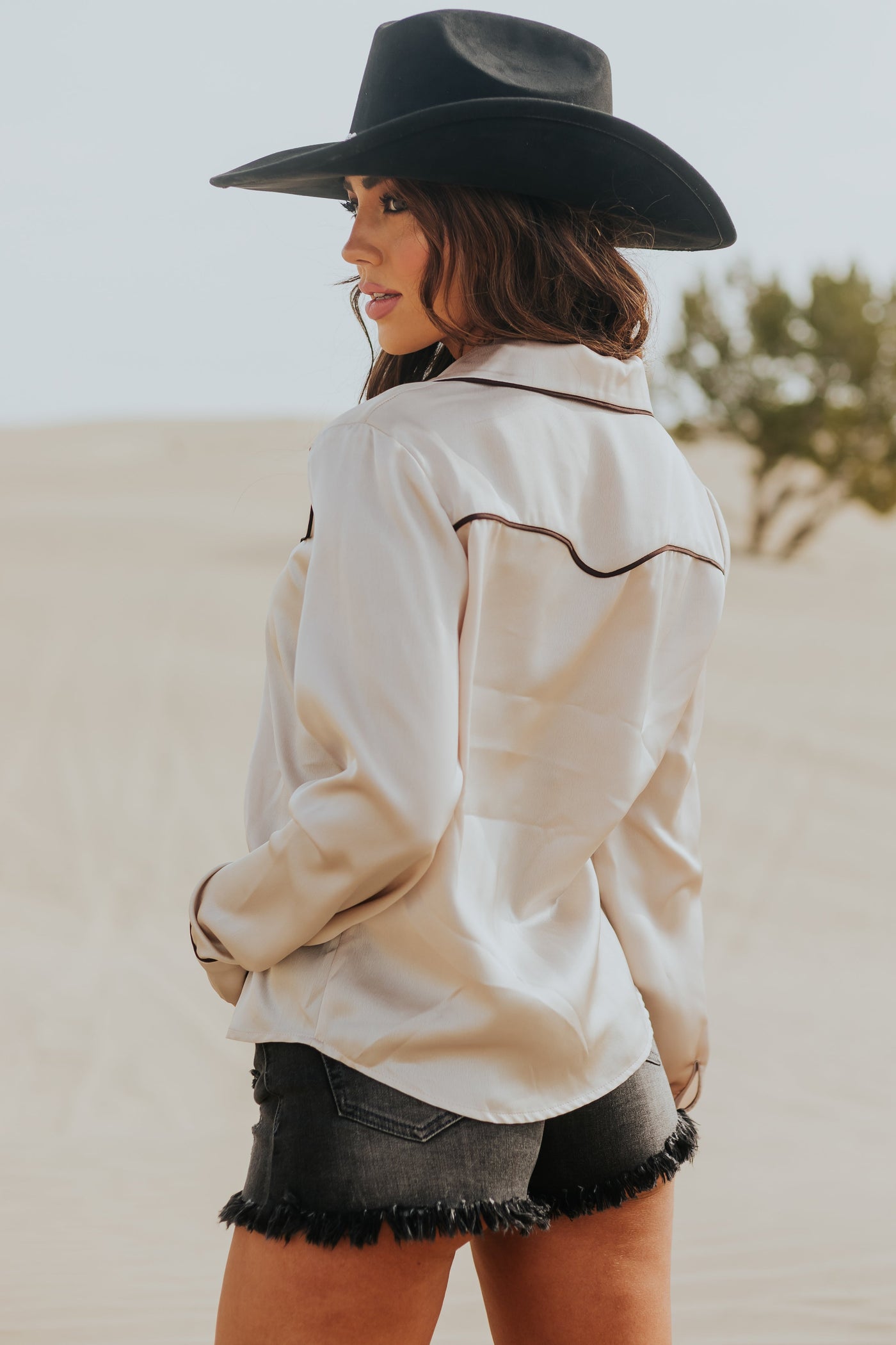 Beige Long Sleeve Collared Button Up Satin Top